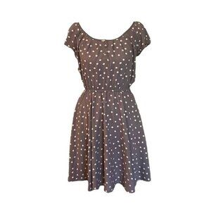 Brown Polka Dot Cap Sleeve A-Line‎ Dress With Back Keyhole & Button Front Detail